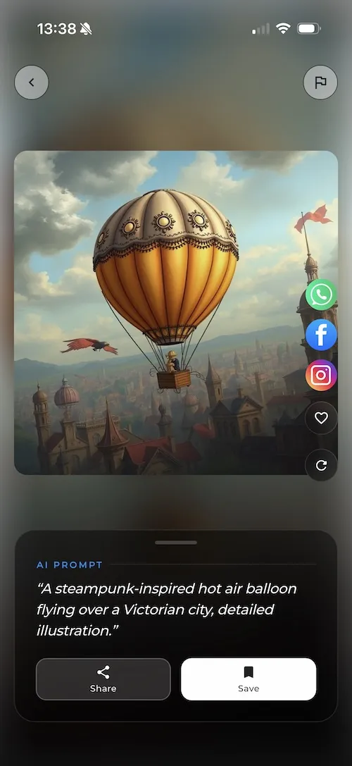 LUNA AI art generator showing a steampunk hot air balloon artwork result on iPhone